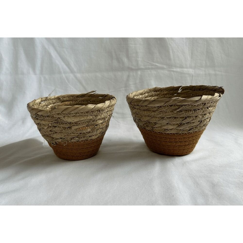Two-Tone Tan Woven Basket Set, Small 5.5x4 Inches, Plants, Decoration